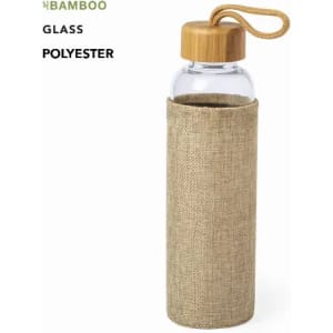 A drink bottle with a glass body, bamboo lid, and a beige fabric sleeve for insulation.