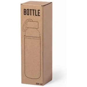 A drink bottle in a brown cardboard box, featuring a simple design and a strap, 500 ml capacity.