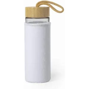 A drink bottle with a clear body, white sleeve, and a bamboo lid featuring a carrying strap.