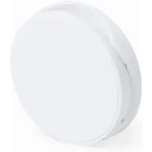 A round white drink bottle with a smooth surface and a branding logo.