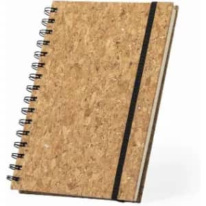 A cork-covered notebook with a black elastic band, featuring a spiral binding along the side.