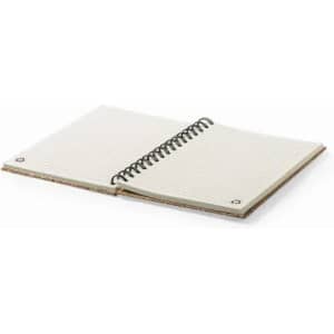A spiral-bound notebook with lined pages and a plain cover, featuring a brown border and silver fasteners.