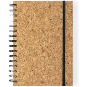 A cork-bound notebook with a spiral binding and an elastic band closure, featuring a natural brown colour.