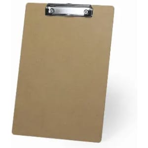 A brown clipboard with a metal clip, featuring a smooth surface and simple design.