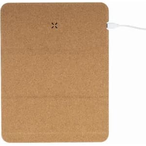A rectangular cork charging pad with a white USB cable, featuring a simple design and smooth surface.