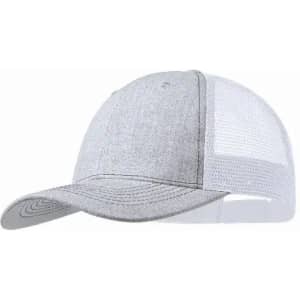 A grey cap with a mesh back, featuring a curved brim and an adjustable strap. It has a logo on the front.