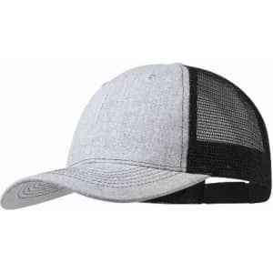 A cap featuring a grey front and black mesh panel at the back, designed with a curved peak.