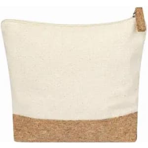 A cream-coloured pouch with a cork bottom and a zip closure. Features a simple, minimalist design.