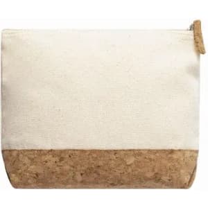 A pouch with a cream fabric upper and a cork bottom, featuring a zip closure. It has a simple design and is unbranded.