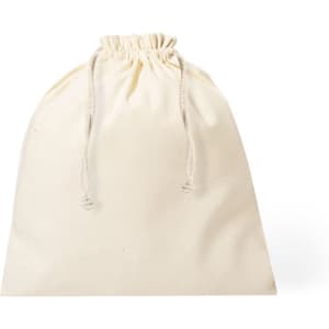 A drawstring bag in a natural cream colour with a simple design and cotton material.