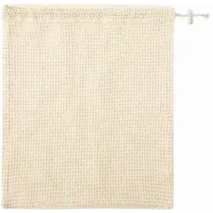 A reusable mesh bag in a light cream colour with a drawstring closure. It has a textured surface.