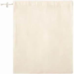 A drawstring bag in a natural beige colour, made of lightweight fabric. It features a simple closure mechanism.