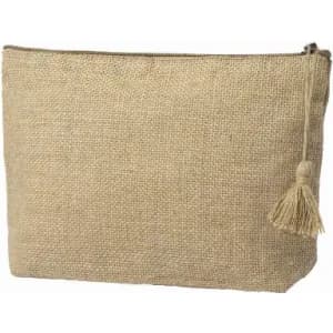 A jute pouch in a natural tan colour, featuring a zip closure and a decorative tassel.