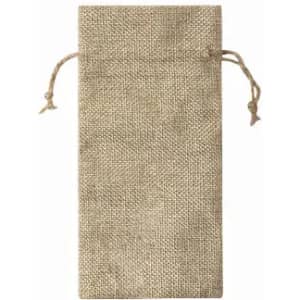 A jute pouch with a drawstring closure in a natural beige colour. Features a textured surface.