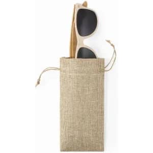 A jute pouch containing a pair of black sunglasses, tied at the top with a drawstring.