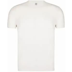A plain white T-shirt with short sleeves. The shirt features a logo on the neckline.