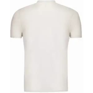 A plain white short-sleeved t-shirt displayed from the back, featuring a simple design and no visible logo.