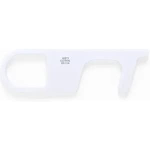 A white anti-bacterial touch tool with a keyring hole and a curved handle for easy gripping.