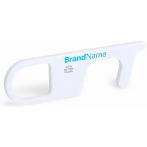 A white antibacterial door opener tool with a branding logo, designed for hygiene and convenience.