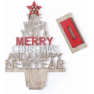 A decorative wooden Christmas tree with red and white text wishing Merry Christmas and a Happy New Year, featuring a red star.