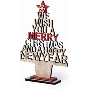 A decorative wooden Christmas tree with layered text wishing a Merry Christmas and a Happy New Year, featuring a red star on top.