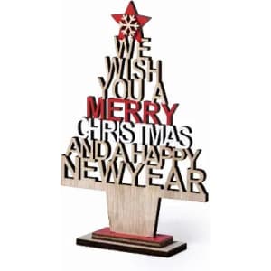 A decorative wooden Christmas tree featuring a star on top and festive lettering in red and natural wood tones.