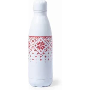 A drink bottle in white with a red snowflake pattern and a logo on the front.
