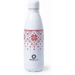 A drink bottle in white with a red patterned design and a logo on the front.