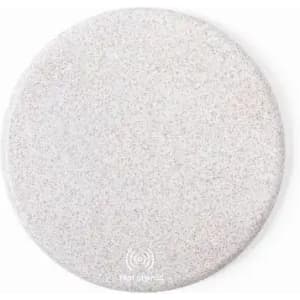 A wireless charging pad in a smooth, light grey finish with branding on the surface.