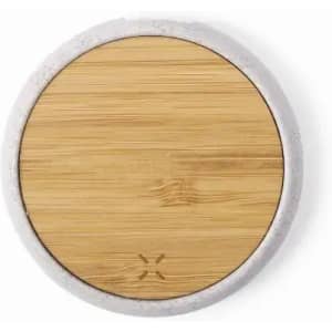 A round bamboo coaster with a white border, featuring a smooth wooden surface and a subtle logo.