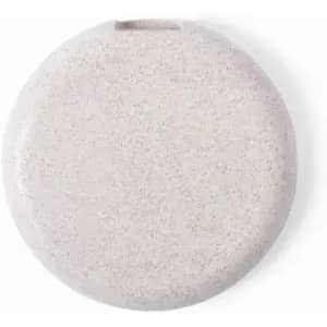 A round, beige drink bottle with a textured surface and a small handle on top, featuring a logo.