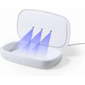A white sanitising box with three UV lights shining inside, designed for disinfecting small items.