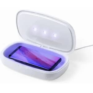 A phone sanitiser with a white exterior and purple interior, featuring LED lights and an open lid.