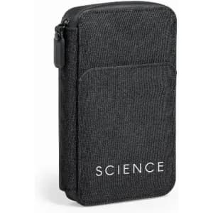 A black promotional product with a zip closure and a front pocket, featuring a logo.