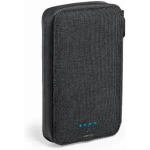 A drink bottle with a textured black fabric finish, featuring a zip closure and an indicator with blue lights.