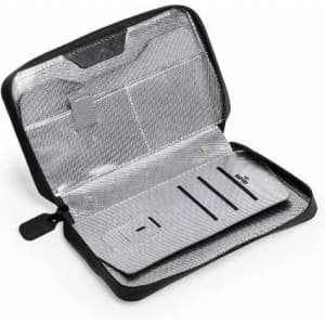 A black zippered case with a shiny silver interior, featuring slots for cards and compartments for organisation.