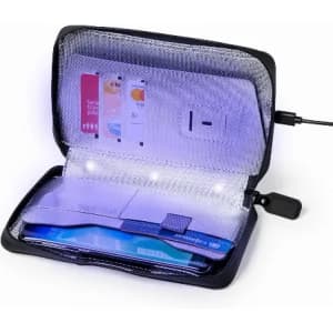 A black RFID blocking wallet with an open design, showcasing several cards and LED lights inside.