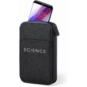 A black, zippered pouch with a phone partially inserted, featuring a logo on the front.