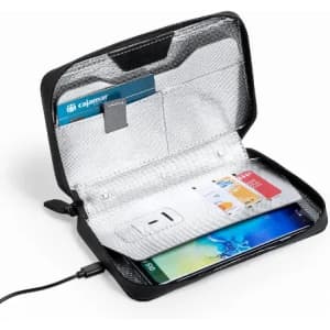 A black electronic organiser with a zip, containing a phone and multiple card slots. It features a charging cable.