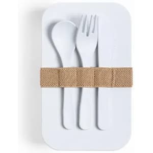 A set of white plastic cutlery including a spoon, fork, and knife, secured with a tan elastic band.