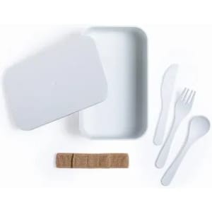 A lunchbox set in pale grey, including a rectangular container and white utensils: knife, fork, spoon, and a brown band.