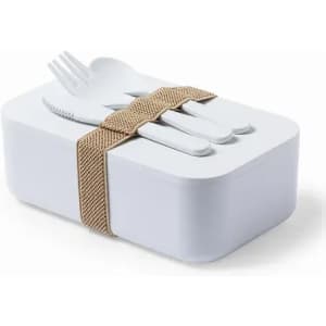 A lunch box in white with a beige strap, containing a fork, spoon, and knife. It features a smooth finish.