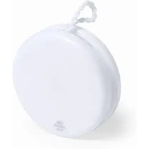 A round, white drink bottle with a closed cap and a handle on top, featuring a logo.