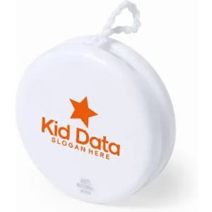 A round, white yo-yo with an orange star and text, featuring a looped string for handling.
