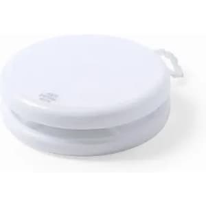 A white, round container with a handle, featuring a smooth, glossy surface and a simple design.