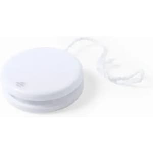 A round, white drink bottle with a twist cap and attached string for easy carrying. It features a logo.