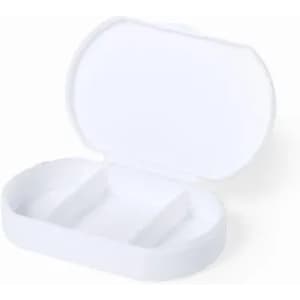 A white, oval, plastic container with a hinged lid and two compartments inside. It includes a logo on the exterior.