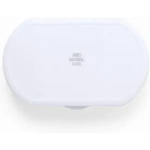 An oval, white container featuring an anti-bacterial design, with a smooth surface and rounded edges.