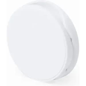 A round, white drink bottle with a smooth finish and a minimalist design features a logo.
