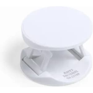 A small white antibacterial product with a circular design and foldable base. It has a logo on the surface.
